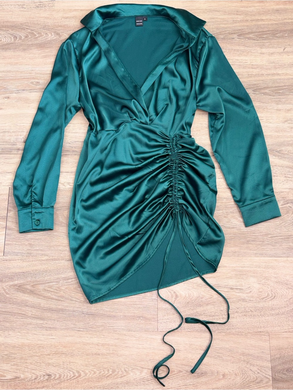Elegant Teal Satin Ruched Shirt Dress. Size Small